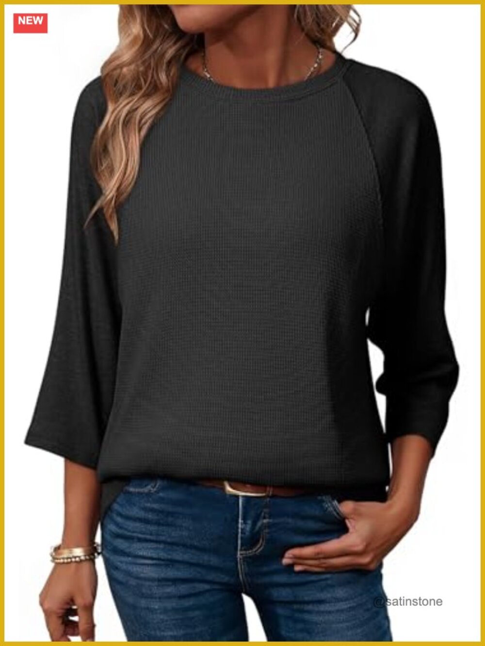 Dokotoo Women's 3/4 Sleeve Waffle Knit T-Shirt Loose Crewneck Top